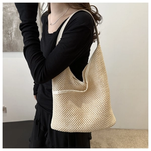 Sac fourre-tout en maille tissée beige de style français avec une grande capacité