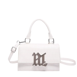 White crocodile pattern top handle bag with gothic metal letter and adjustable shoulder strap