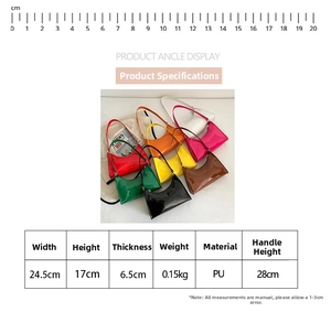 Detailed size chart for colorful PU leather underarm bags with various color options