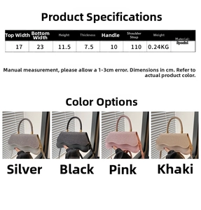 Size chart and color display for shimmering wave crossbody bag with 23cm width