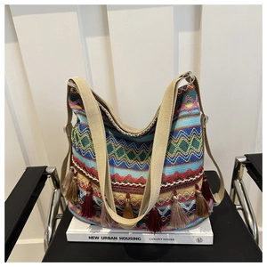 Detail of bohemian woven tote bag showing geometric patterns and colorful tassels