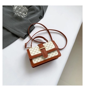 Détail du sac à bandoulière vintage avec bordure en cuir marron et fermoir métallique doré
