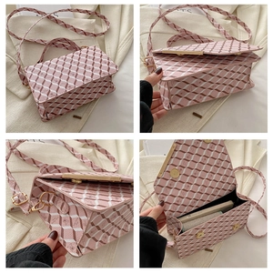 Detailed views of pink checkered shoulder bag showing interior space for smartphone