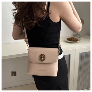 Detail shot of a beige vintage small square bag with a crown bear embossed metal buckle