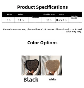 Size comparison of heart-shaped rhinestone crossbody bags in black and white colors