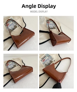 Multi-angle view of glossy brown patent leather baguette bag with minimalist modern design
