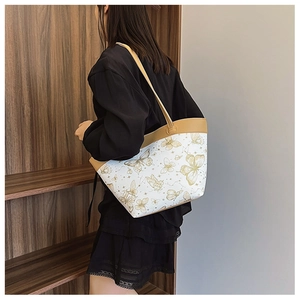 Französische Retro-Eimertasche mit Schmetterlingsdruck in Weiß und Braun für Damen