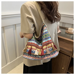 Detail of bohemian tote bag with colorful geometric patterns and decorative tassels