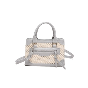 Chic beige woven straw handbag with grey leather trim and silver zipper details