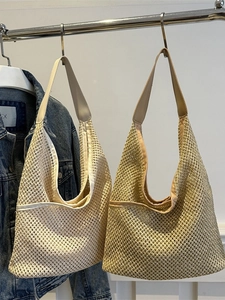 Sac À Épaule Tissé Femmes Maille Évidée Garniture Cuir PU Décontracté Grande Capacité Vacances D'été Chic Hobo Sac Bandoulière