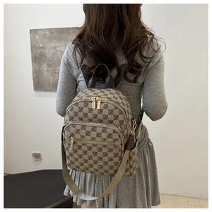 Women's plaid checkerboard backpack with letter jacquard and gold zipper details