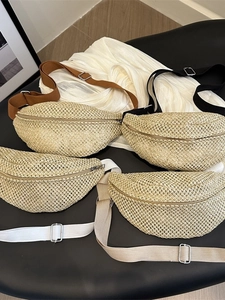 Sac De Poitrine Tissé En Paille Femmes Sac Bandoulière Plage Décontracté Sac Banane Sangle Réglable Mode Bohémienne Zip