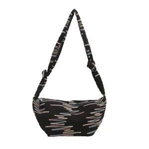 Sac bandoulière demi-lune noir tendance avec broderies colorées et nœuds décoratifs