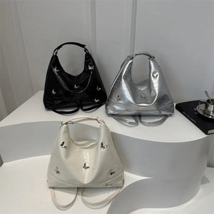 Butterfly Decor Large Capacity PU Leather Hobo Shoulder Bag For Women Street Style Crocodile Pattern Metallic Handbag