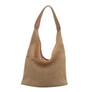 Summer woven hollow hobo tote bag with brown PU leather trim and shoulder strap