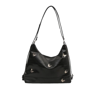 Black large capacity hobo tote bag with silver butterfly charms and parallel stitching