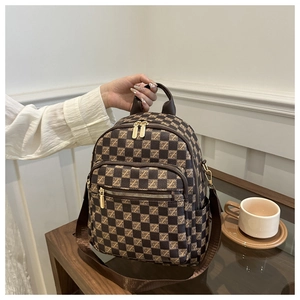 Close-up of checkered pattern texture and golden hardware on the casual backpack