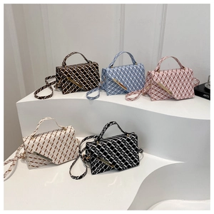 Detailed display of plaid crossbody bags in five colors with gold hardware and straps