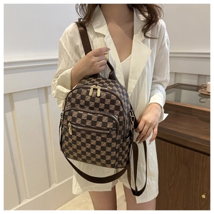 Plaid monogram small backpack for women in brown faux leather with multi-pocket design