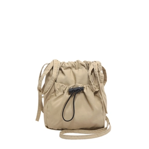 Minimalist khaki nylon drawstring bucket bag with adjustable front pocket and shoulder strap
