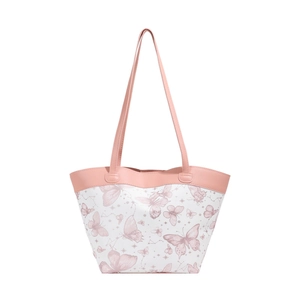 Elegant white tote bag with pink butterfly and star prints featuring thin shoulder straps