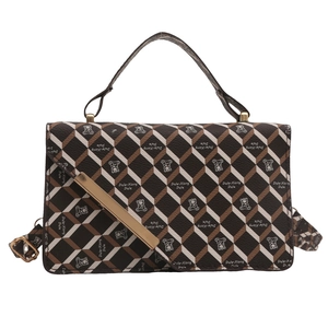 Fashionable geometric pattern handbag with bear print and adjustable shoulder strap