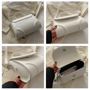 Detailansicht der weißen PU-Umhängetasche mit Innenraum und eleganten Bogennähten