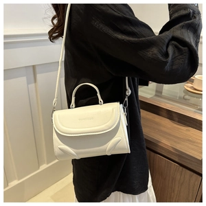 Detail of white mini crossbody bag with Fashion & Bag embossing and silver hardware