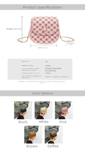 Detailed size chart for mini PU crossbody bag with chain and hearts pattern