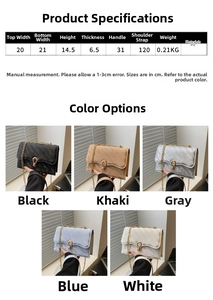 Size chart for quilted PU crossbody bag showing dimensions and five color options