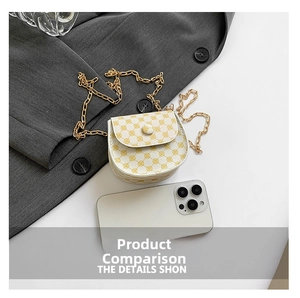 Detailed close-up of a mini white saddle bag with yellow pattern and gold chain strap