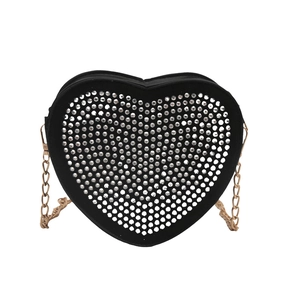Fashion heart shaped evening bag with silver rhinestones and gold chain shoulder strap