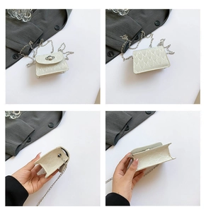 Detail view showing four angles of a mini monogrammed chain bag with a gold sphere lock
