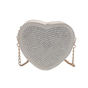 Borsa a tracolla bianca a forma di cuore con strass argento e catena dorata