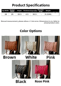 Detailed size chart and multi-color options for quilted chain tote bag in PU leather