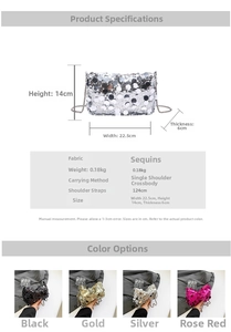 Detail view of sequined chain crossbody bag showing dimensions and four color options