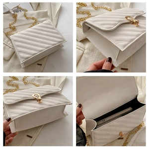 Detailed views of white quilted crossbody bag with gold chain strap and metal lock