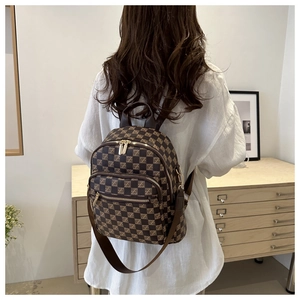 Detailed back view of a brown checkered multi-functional backpack with monogram pattern