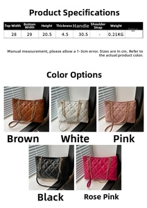 Size chart showing large capacity quilted tote bag dimensions and five color options