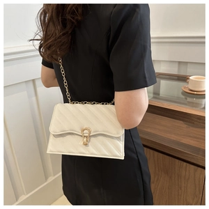 Close-up of white quilted crossbody bag with gold chain strap and horseshoe buckle