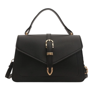 Classic black PU leather trapezoid handbag with gold horseshoe buckle and top handle