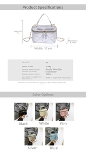 Size guide for PU quilted chain bucket bag showing dimensions 17x11.5x8.5cm and colors