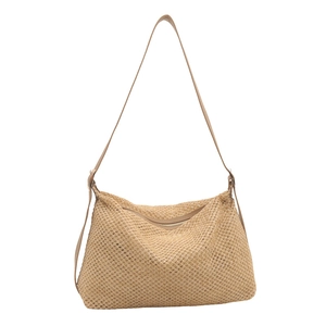 Minimalist apricot woven mesh tote bag and trendy hobo shoulder bag for summer vacation
