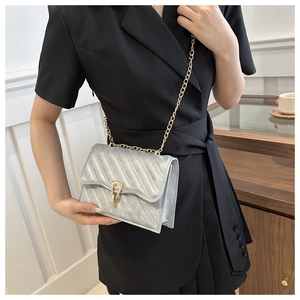 Detail of silver metallic quilted bag with golden horseshoe clasp and chain strap
