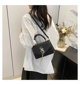 Detail of a chic black square bag with sequin flap and metallic S logo fringe