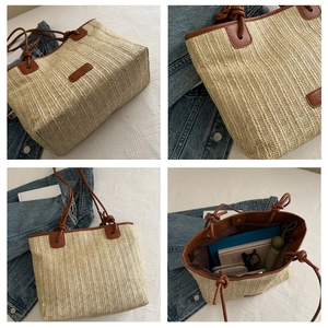 Detail view of woven straw tote bag featuring brown leather trim and magnetic closure