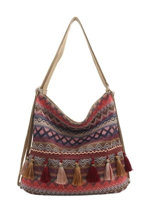 Ethnic bohemian tote bag with colorful geometric patterns and decorative tassels
