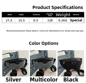 Guide des tailles pour sac de poitrine à paillettes avec dimensions et trois couleurs