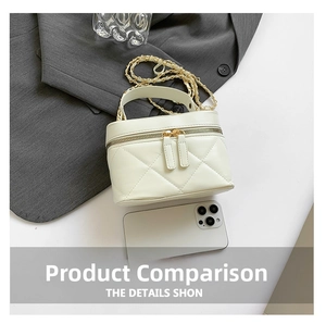 Mini white quilted purse next to smartphone showing portable size and chain strap