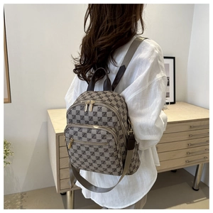 Rear view of a stylish plaid pattern backpack with gold zippers worn on a white shirt